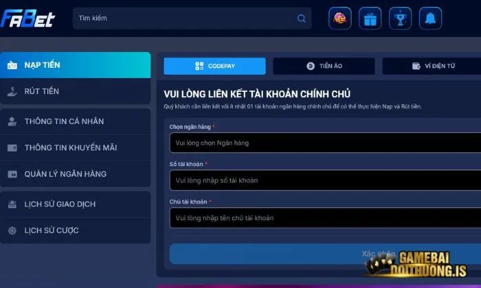 Nạp tiền vào tài khoản Fabet